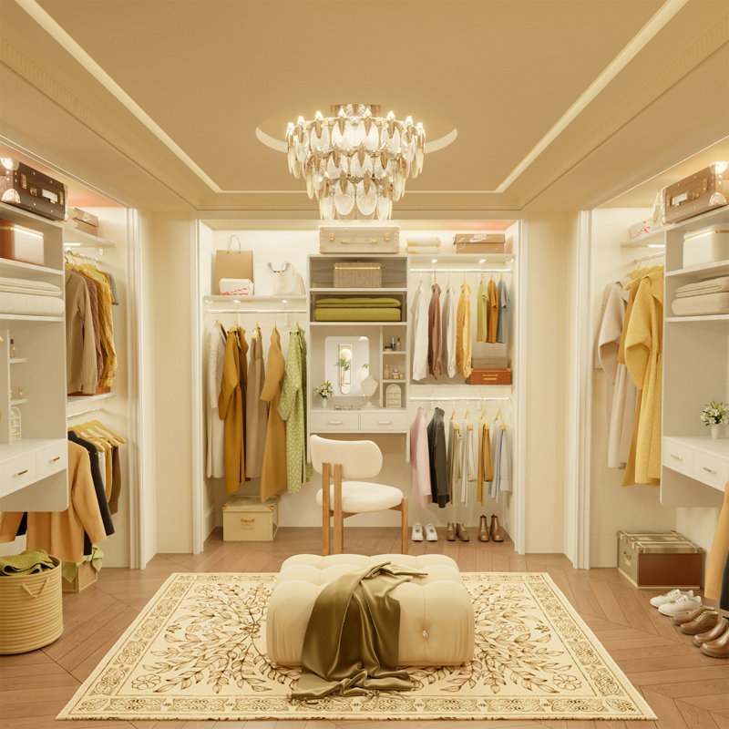 96'' W Closet System with Woodend Drawers, Vanity Desk and Hanging Rods(Cut to Fit), White