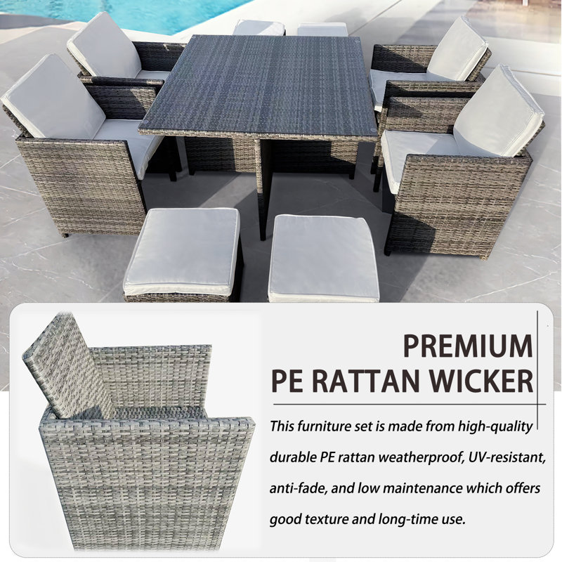 Abilio 8 - Person Wicker Patio Dining Set with Square Table , Cushions Included