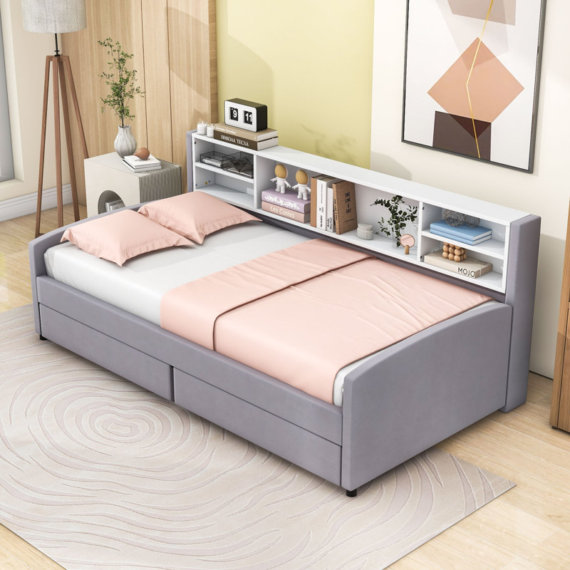 Twin Two Drawers Wood Upholstered Daybed with Storage Shelves, Gray