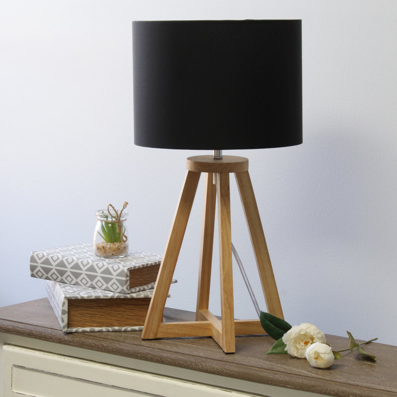 Natural Wood Tripod Nightstand Lamp with Black Barrel Shade