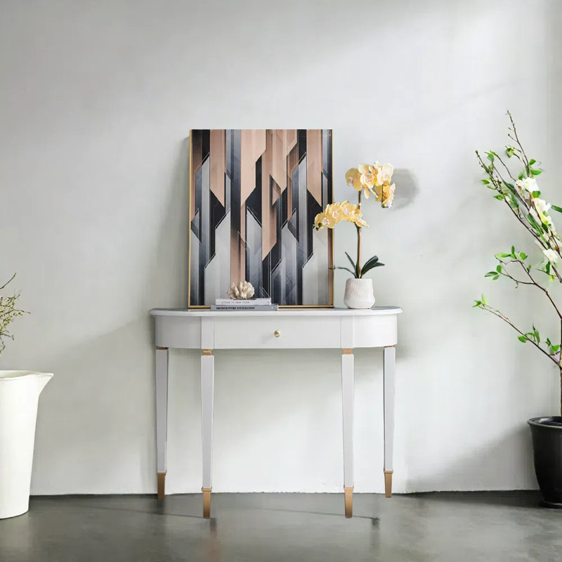 Console semi-circulaire dorée, Bois brun foncé, H 30,7 po x l 35,4 po x P 13,8 po