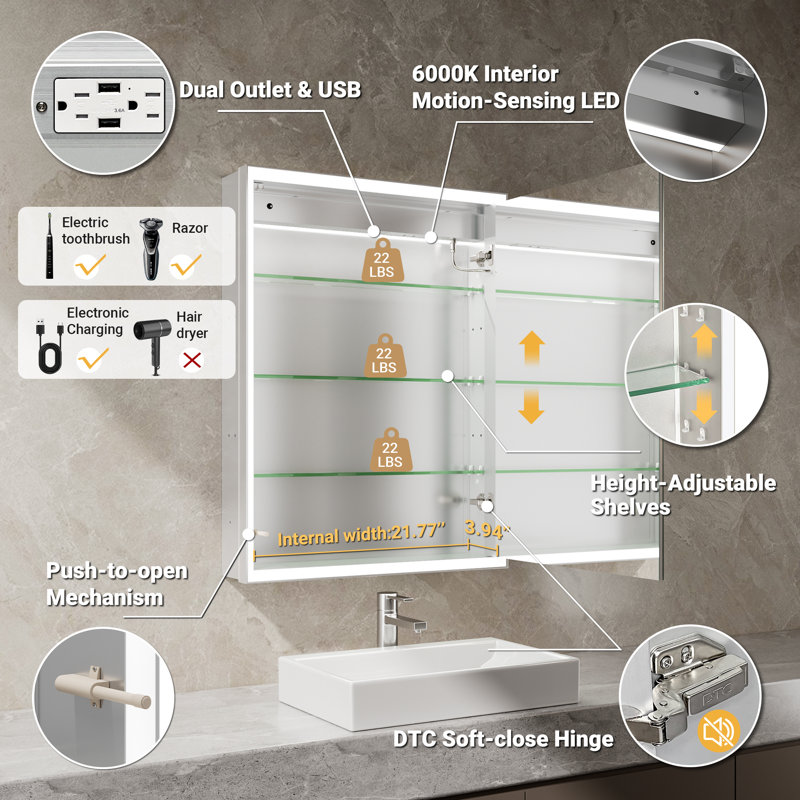 24X32" Beveled LED Medicine Cabinet With Anti-Fog Mirror – Surface/Recessed Mount, Dimmable Lights, Outlet, Clock & Sensor Light