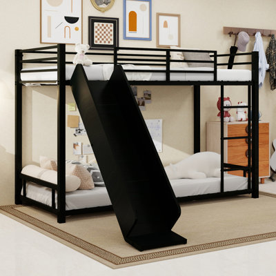Lit superposé simple robuste en métal avec glissade - Conception peu encombrante pour les enfants et les adolescents, cadre durable pour jouer et dormir, assemblage facile, disponible en noir
