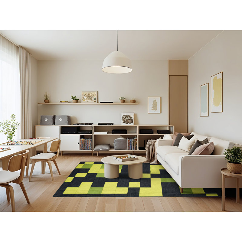 Tapis damier noir lavable à la machine, Rectangle 7 pi x 9 pi