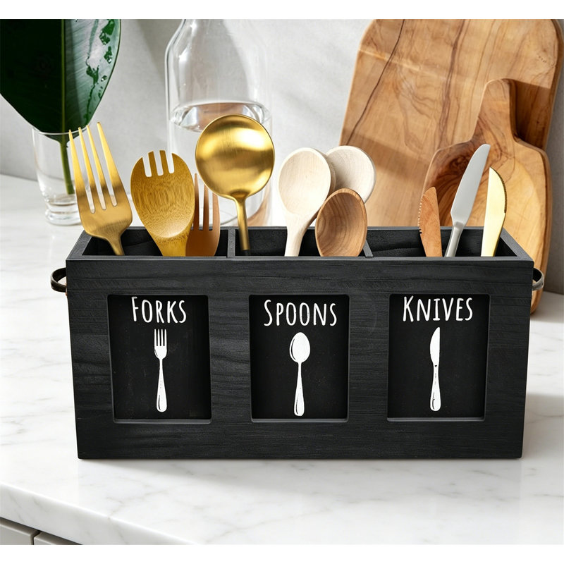 Porte-couverts en bois pour ustensiles rustique, Black