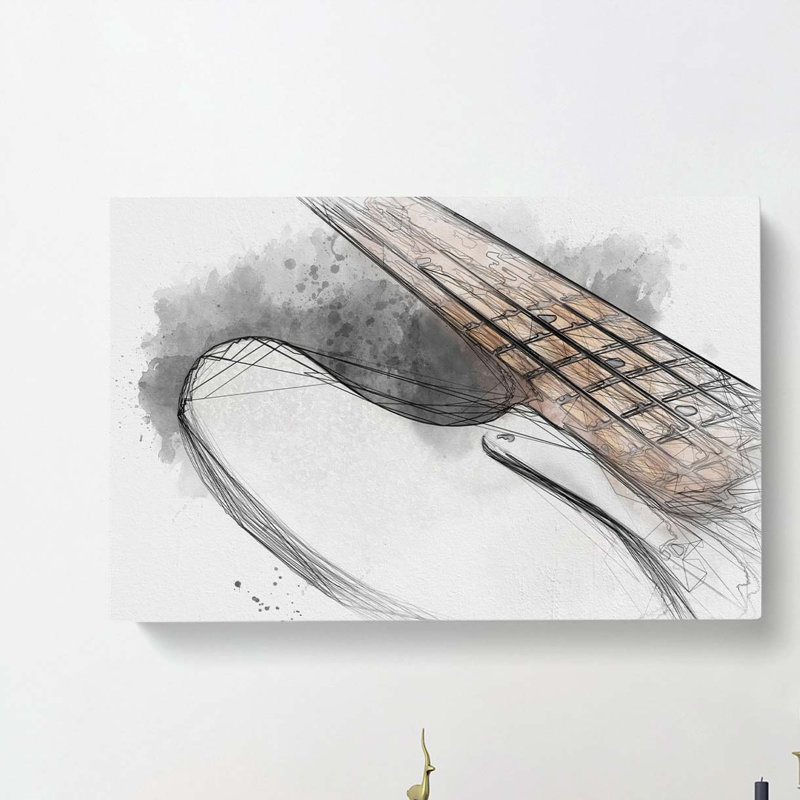 Strings of a White Bass Guitar in Abstract - Wrapped Canvas Drawing - Wrapped Canvas, 35cm H x 50cm W x 3cm D
