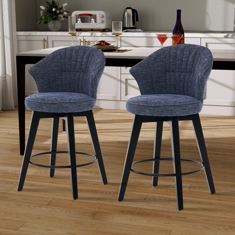 Tabouret de comptoir pivotant rembourré à oreilles avec pieds en bois massif (ensemble de 2), Bleu