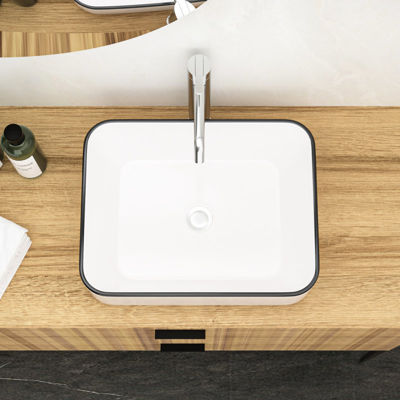 Lavabo de salle de bain rectangulaire moderne en céramique blanche 19 x 15 pouces - teinté, installation sur comptoir pour différents réglages, espaces