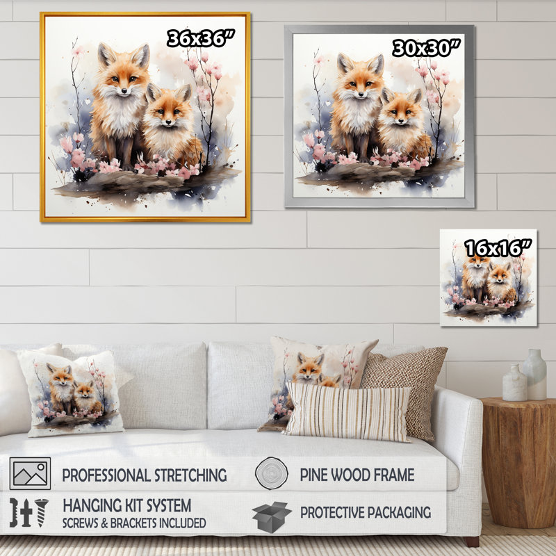 Foxs Elegant Forest Florals Grace IV - Renard, art mural animal, H 30 po x l 30 po x P 1,5 po, Cadre flottant doré