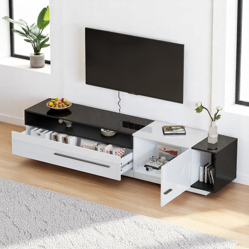 White With Black High Gloss TV Stand For 60 To 70 Inch Tvs With 2 Closed Storage Spaces, 1 Door And 1 Drawer
