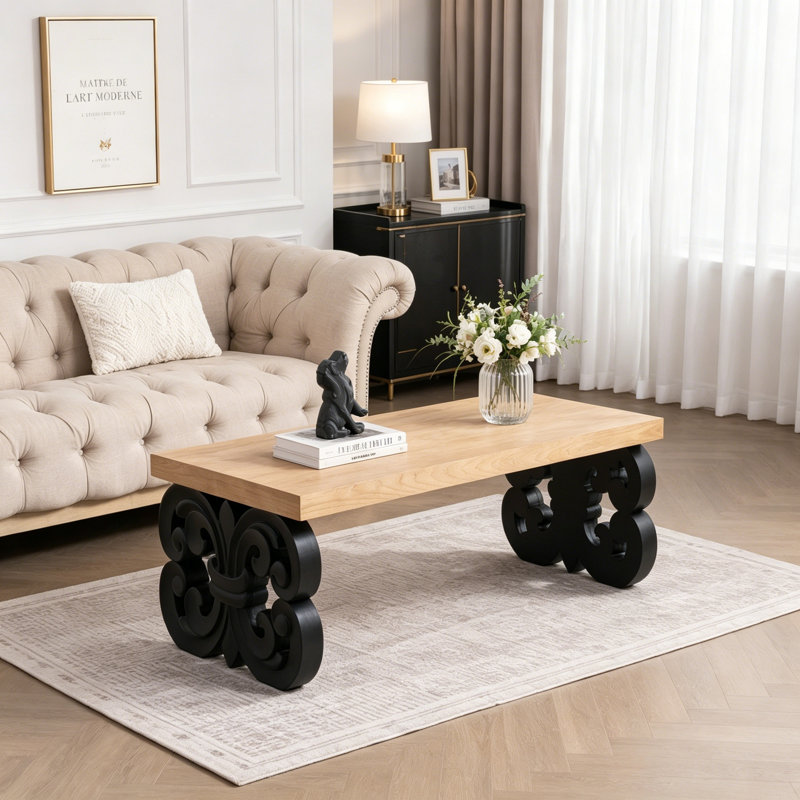47" Rectangular Wood Scroll Base Coffee Table, Natural+black