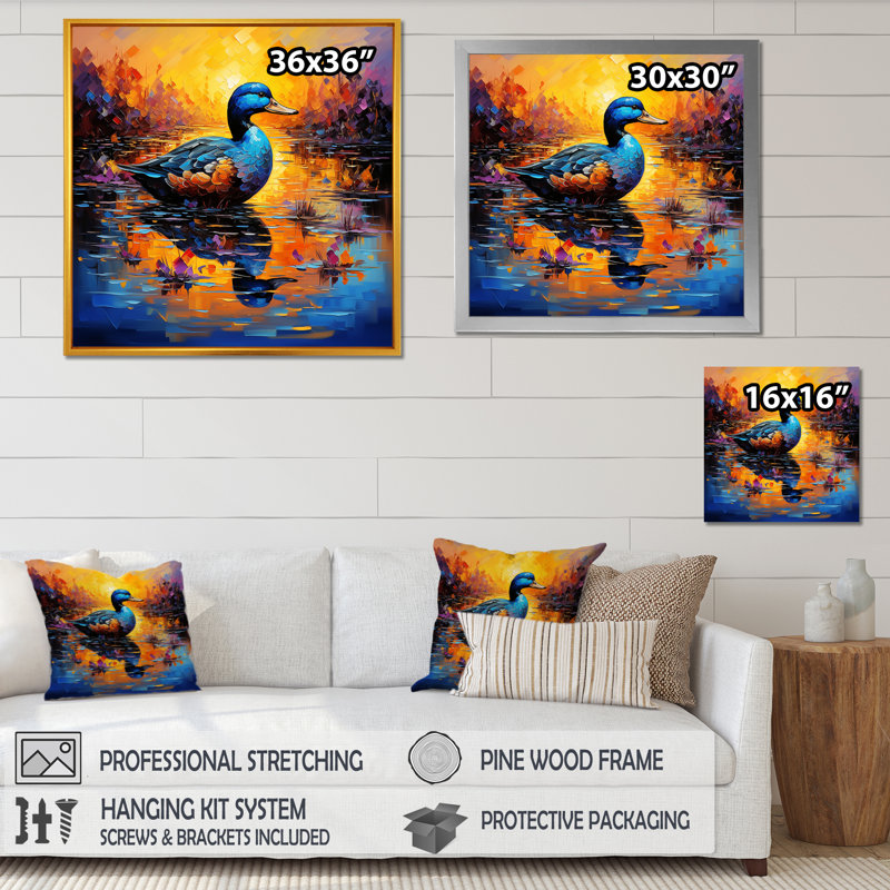 «Duck Morning Quack Lake I», art mural animal de canard, Cadre flottant doré, H 36 po x l 36 po x P 1,5 po