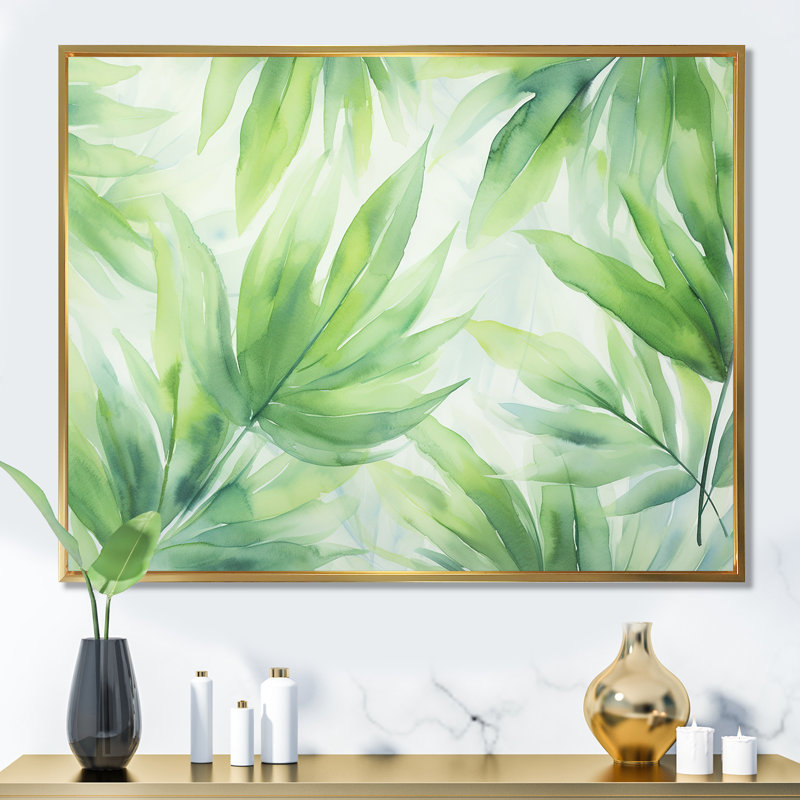 Vert tropicale vert en couleur pastel - Collages abstraits, art mural, H 34 po x l 44 po x P 1,5 po, Cadre flottant doré