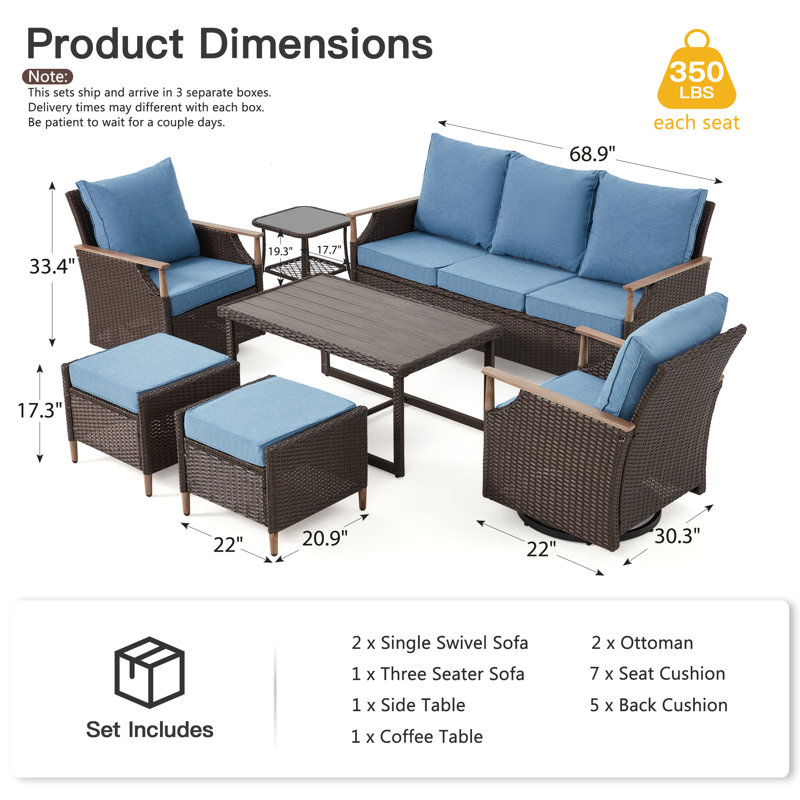 Ensemble de meubles de patio 7 pièces avec fauteuil pivotant, Bleu