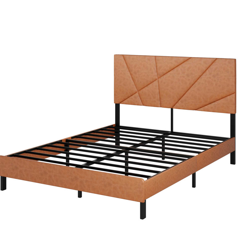 Structure de lit grand format en métal avec rangement sous le lit, brun rétro, tête de lit tapissier moderne, sans sommier, structure, cadre plateforme brun facile à assembler, matelas chargé, structure de base