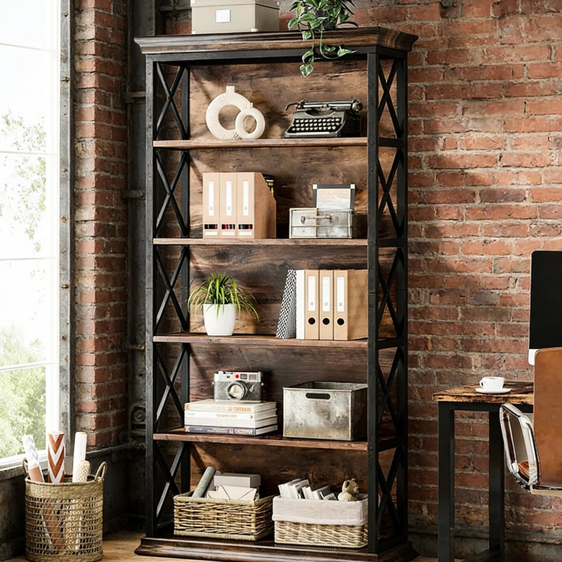 Bibliothèque à 6 niveaux de style moderne, en métal et bois, motif en X, amplement d'espace pour les dossiers, fabrication en bois spacieuse de 31,28 pouces de profondeur, chaque tablette peut supporter 50 livres, hauteur de 70,33 pouces