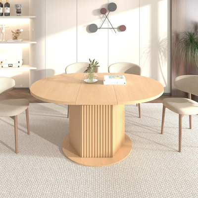Table ronde en bois élégante pour 4 à 6 personnes, piètement texturé, en bois d'hévéa, table de salle à manger conviviale, table hexagonale extensible 6 places