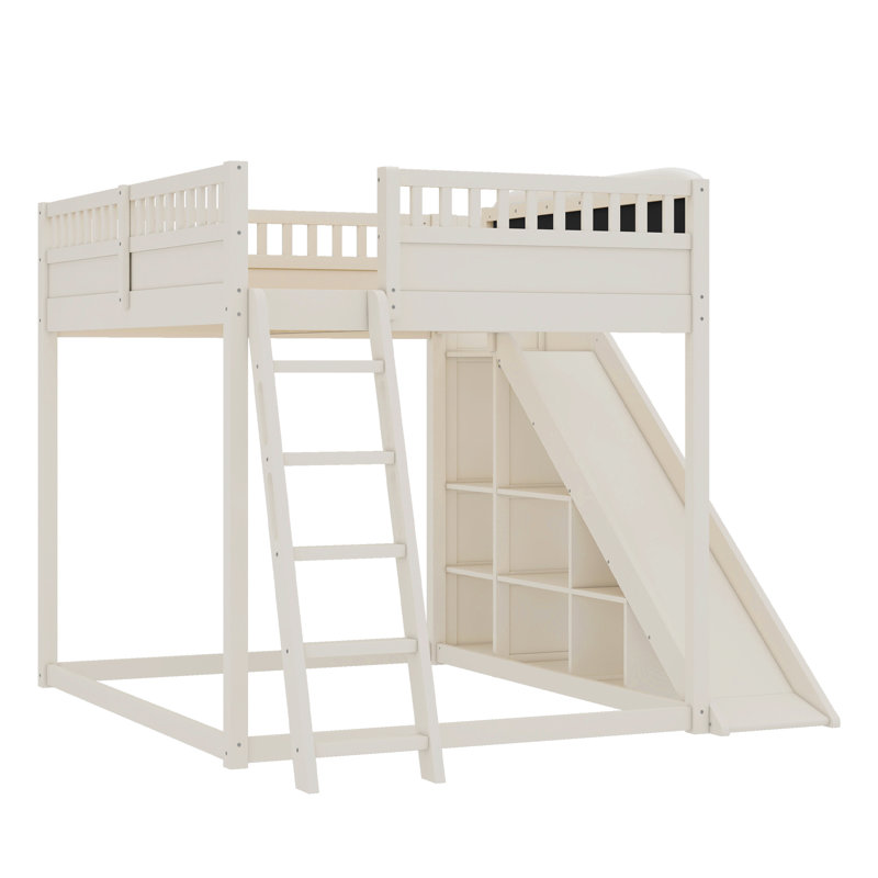 Grand lit mezzanine rembourré avec tablettes de rangement, échelle et glissade, lit peu encombrant, beige, Grand lit, Beige