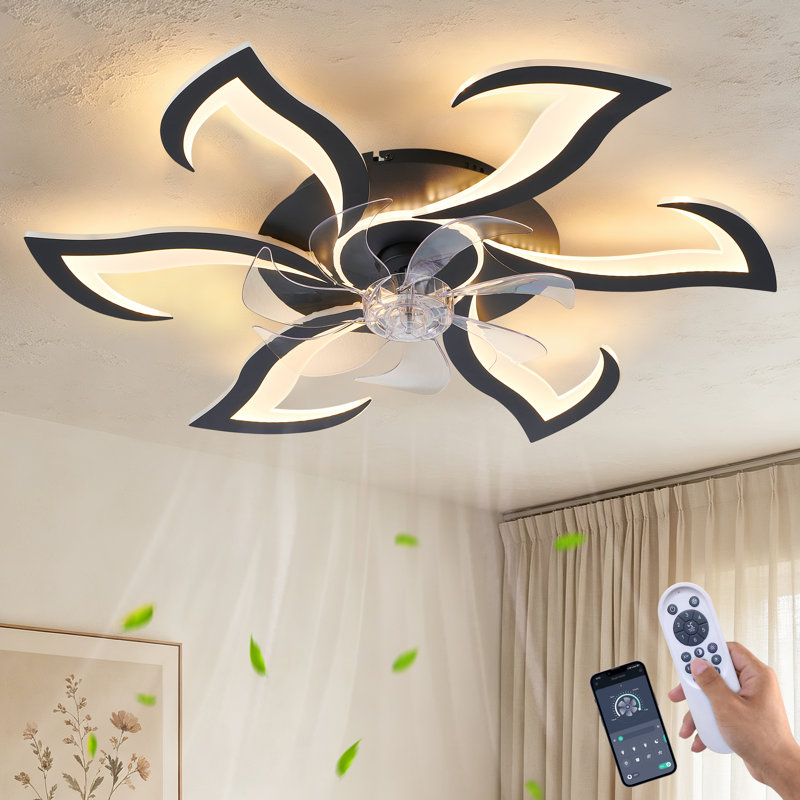 Ventilateur de plafond encastré moderne de 32 po avec lumière, ventilateur de conception à DEL à fleur noire avec télécommande et contrôle APP, ventilateur de plafond à profil bas à intensité variable avec 6 vitesses pour la chambre à coucher, la cuisine et le salon