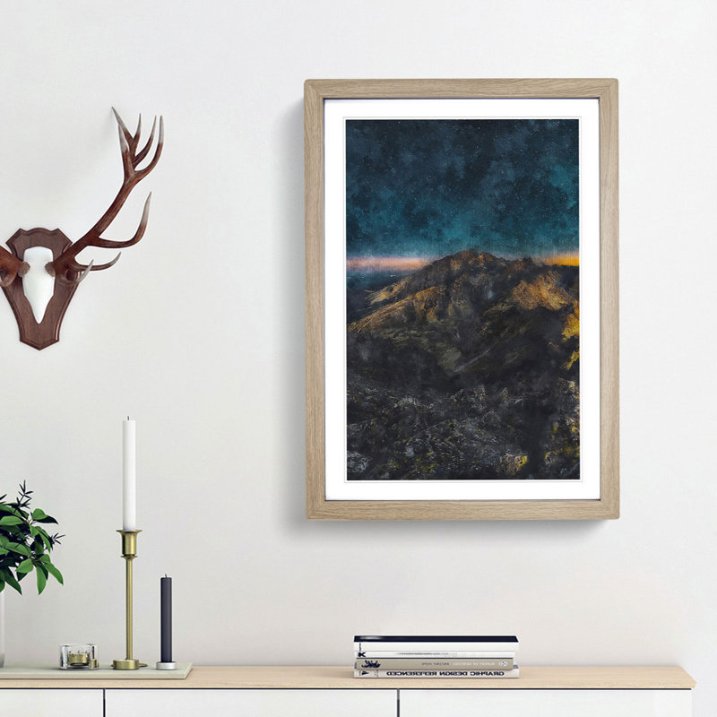 Starry Night In The Dolomites Painting - Framed Print, 45cm H x 33cm W x 2cm D, Oak Framed