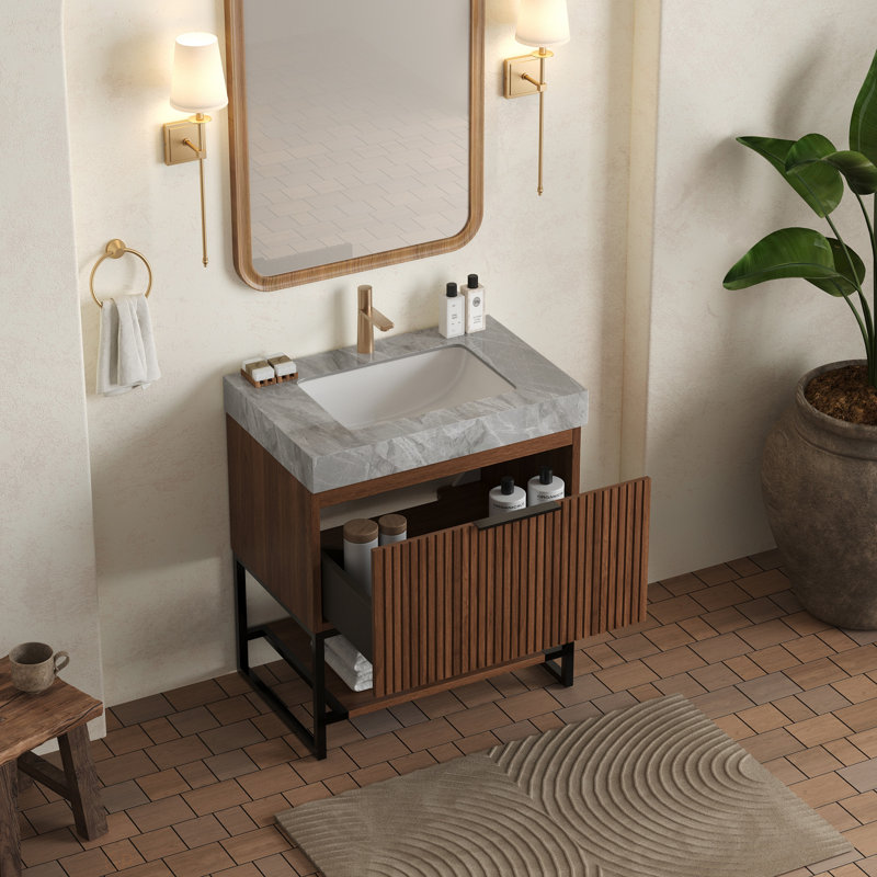 Meuble-lavabo 30 po, armoire de rangement autoportante en contreplaqué rayé avec tiroir et tablette ouverte, plateau en pierre frittée gris clair et lavabo en céramique encastré, pré-assemblé