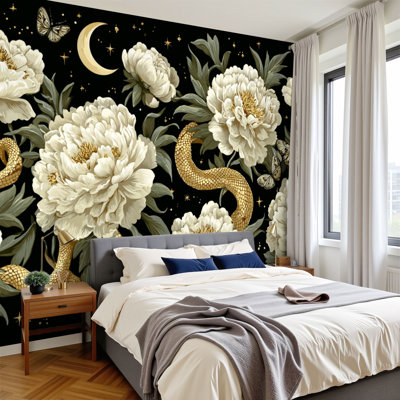 Papier peint pelez et collez, art botanique gothique, pivoines blanches, serpents dorés, murales noires, papier peint amovible en PVC, H 100 po x l 144 po, pour chambre à coucher, bureau à domicile