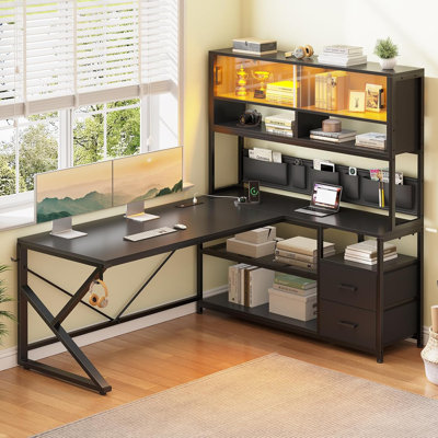 59" L Shaped Computer Desk With 2 Drawer and Bookshelf