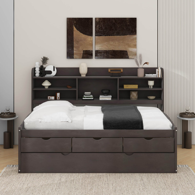Twin Size Wooden Captain Bed With Built-In Bookshelves,Three Storage Drawers And Trundle, Antique Gray