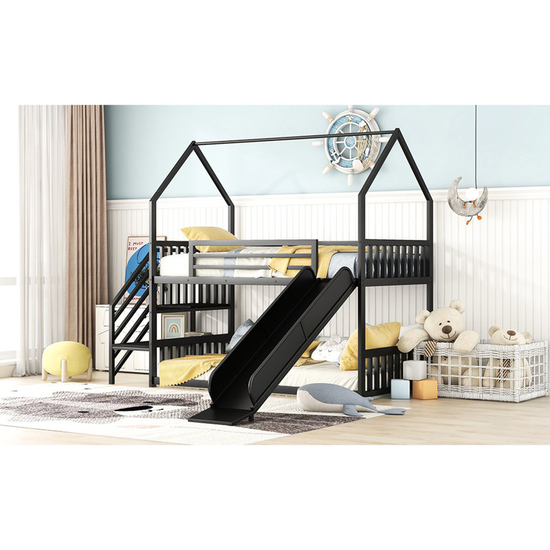 Lit superposé simple en métal noir avec escalier de rangement et glissade, maximise l'efficacité de la chambre à coucher en noir