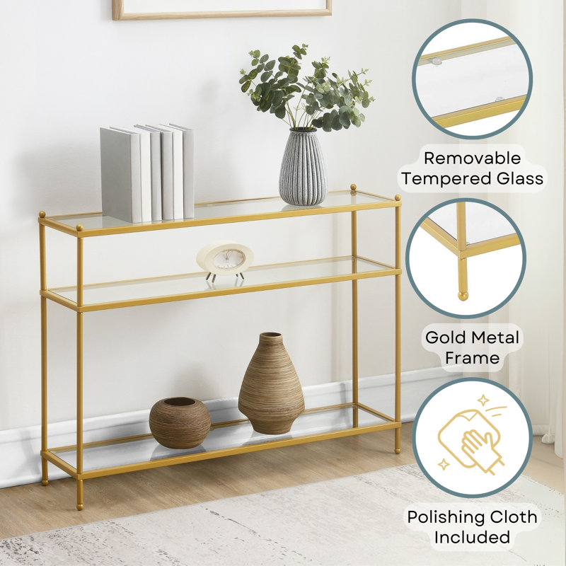 Console avec tablettes Carolina, Or / transparent, H 30 po x l 42 po x P 9,5 po