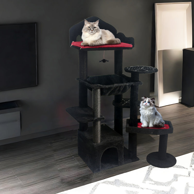 Mobilier pour chat avec une élégance foncée, un lit rembourré doux et un motif noir griffé renforcé, maison effrayante, confortable