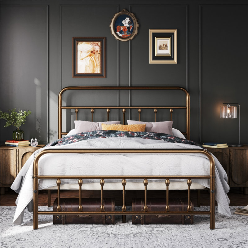 Classic Iron Platform Bed with High Headboard and Footboard, Bronze, Queen