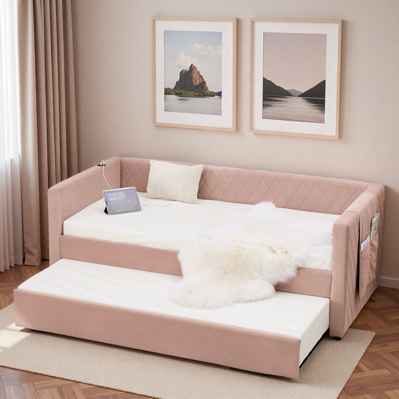 Lit de jour Diamond Grid Velvet, Rose