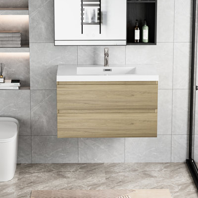 Armoire de salle de bain moderne avec lavabo, lavabo en résine de chêne naturel et lavabo flottant à tiroir pour utilisateur, fonction silencieuse