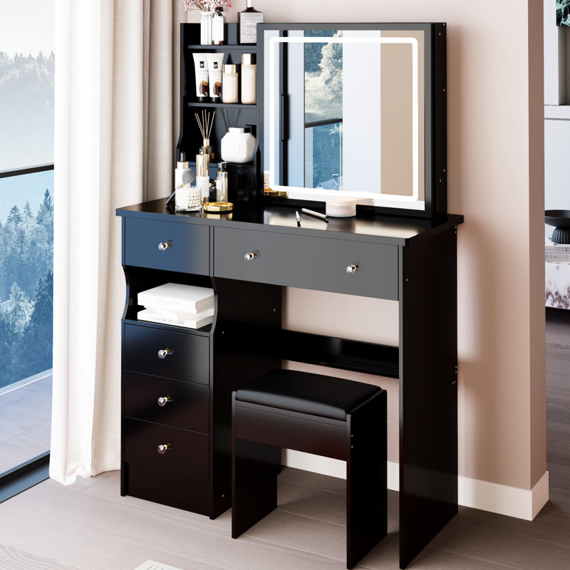 Table de meuble-lavabo avec tiroir à gauche 37 po avec tabouret rembourré, miroir à DEL tricolore coulissant et beaucoup de rangement pour les grands espaces de taille moyenne de 37 po et fonctionnant avec de grands espaces spacieux