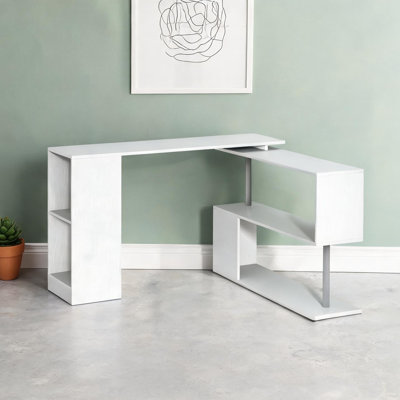 Bureau d'ordinateur rotatif en forme de L de 56 pouces avec tablettes de rangement en blanc classique, coin bureau à domicile