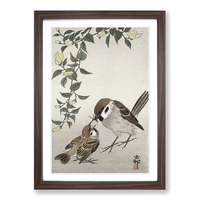 Sparrow Birds and Plants by Ohara Koson - Picture Frame Painting Print, 36cm H x 27cm W x 2cm D, Walnut Framed