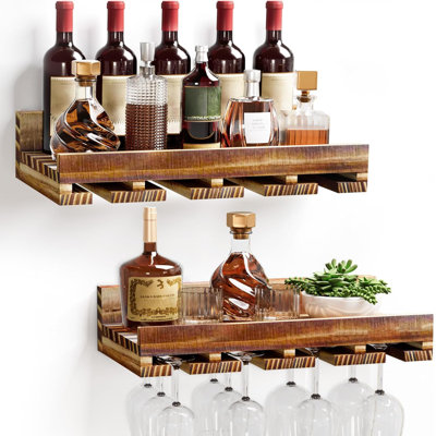 Wall Mounted Wine Rack Set, 2 Pack Pine Wood Wine Racks With Glass Holder, Rustic Farmhouse Floating Bar Shelves For Liquor Bottles & Stemware For Home Bar/Kitchen/Living Room Decor