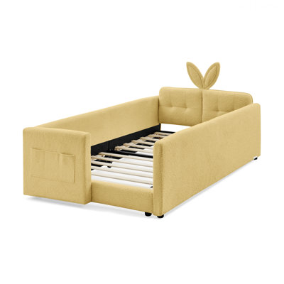 Lit élégant pour la chambre à coucher, lit plateforme tapissier avec tête de lit en forme d'oreille de lapin mignon, barrière de sécurité et poche de rangement