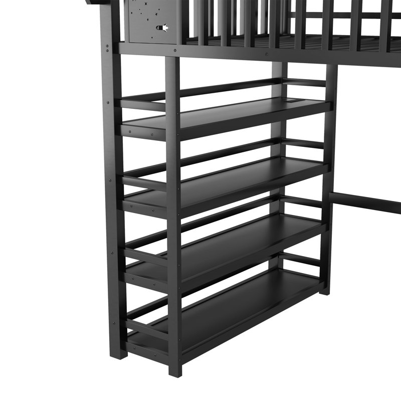 Lit mezzanine double avec rangement, en métal noir, style moderne gain de place, pour chambre d'enfant