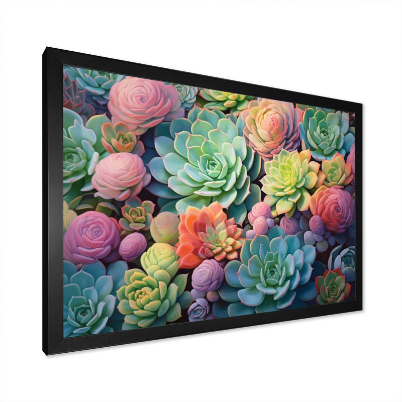 Vert, bleu, plantes grasses, succulentes, rêves II, H 16 po x l 32 po x P 1 po, Cadre simple noir