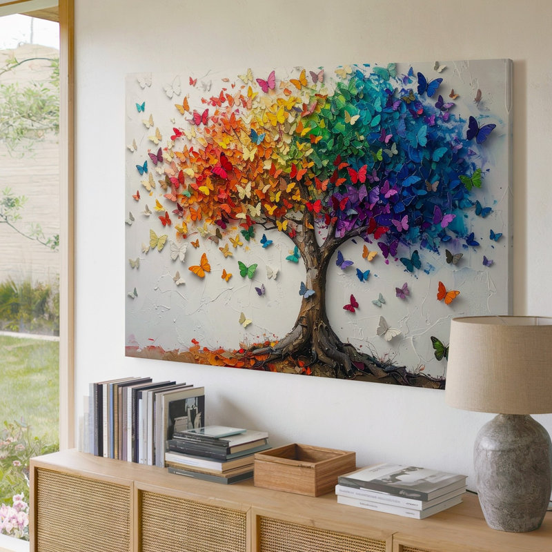 Toile, art mural texturé d'un arbre avec un tronc et des branches peintes dans des tons terreux, mais prêt à accrocher moderne