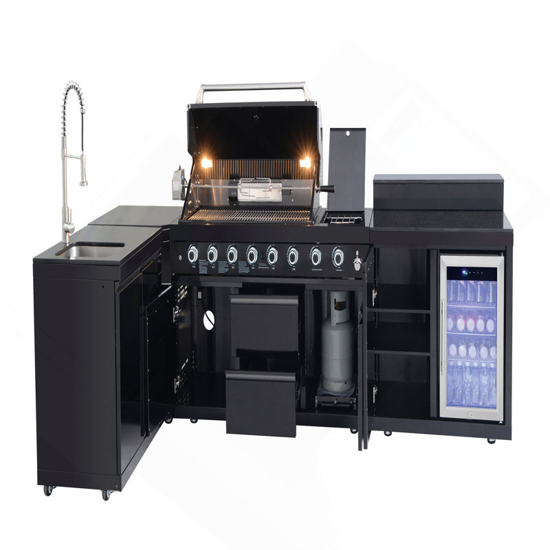 Îlot de cuisine extérieur 95,8 pouces 6 + 1 brûleur barbecue au gaz propane 95 500 BTU acier inoxydable 304 avec certification CSA, ETL + évier + réfrigérateur + table de bar