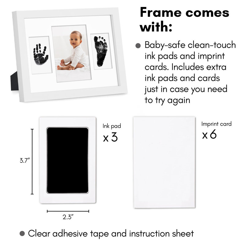 Americanflat Baby Hand and Footprint Kit with 3 Ink Pads - 9x12 Picture Frame with Mat for 3 Openings and Shatter-Resistant Glass - White