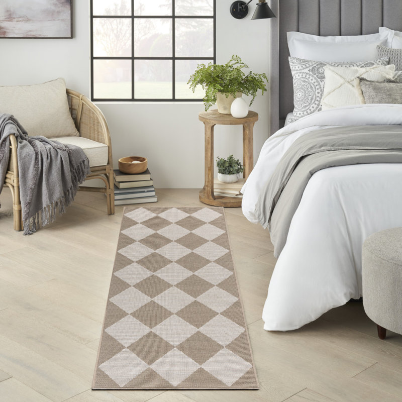 8' Natural And Ivory Geometric Power Loom Washable Non Skid Runner Rug