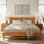 Base de lit plateforme en bois massif de qualité supérieure de qualité supérieure, finition caramel avec tête de lit sculptée de style Mid-Century, capacité de 800 lb, support de matelas, aucun sommier nécessaire