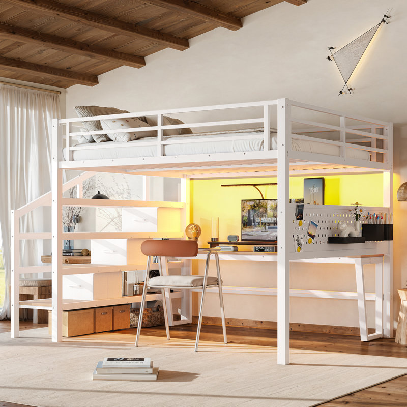 Grand lit mezzanine 3 tiroirs en métal avec bureau intégré, DEL et USB, White
