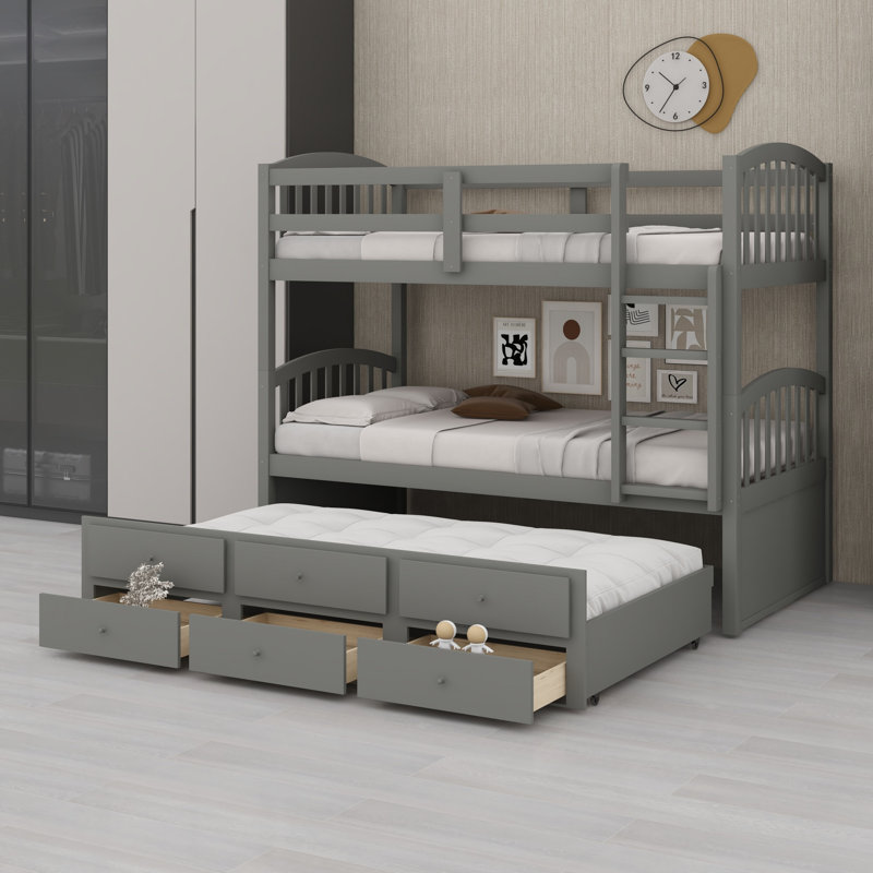Modern Bunk Bed with Ladder, Safety Rail,  Trundle Bed and 3 Drawers for Bedroom or Guest Room, Gray
