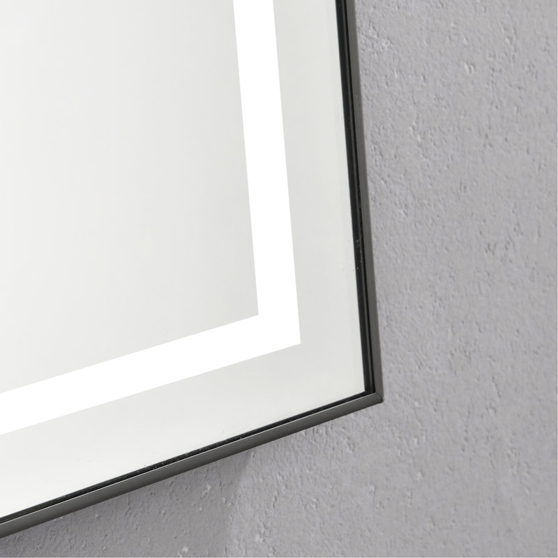 Miroir de salle de bain 24 po x 32 po à DEL avec façade et rétroéclairage, fixation murale, brouillard, 3 températures de couleur, gradation continue, cadre en aluminium, frêne, mémoire de réflexion non déformée, vue après le bain