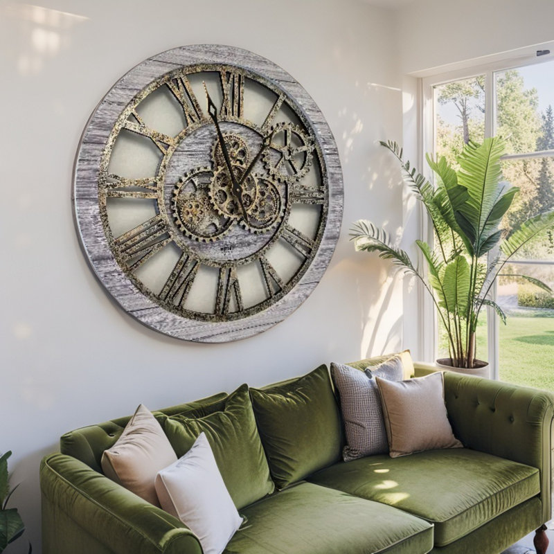 Horloge murale ronde surdimensionnée de 24 po pour le salon avec la collection America, Gris argenté